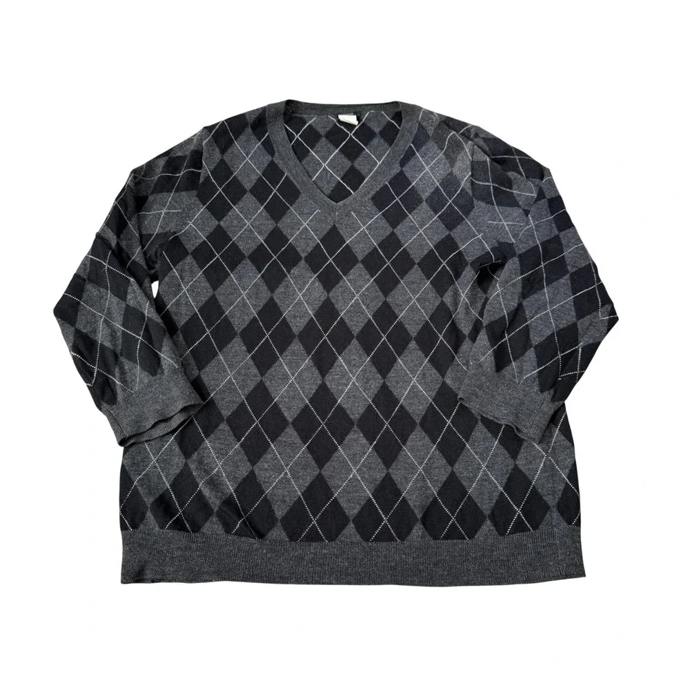 J Crew Argyle V-Neck Sweater 100% Merino Wool Plaid Quiet Luxury‎ Minimalist L